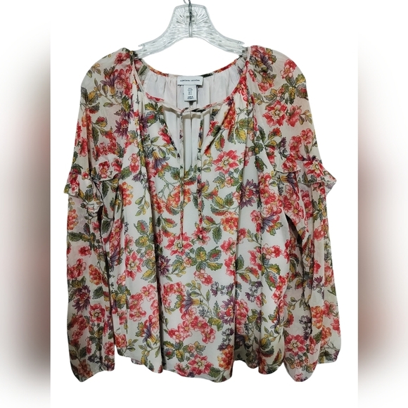 Adrienne Vittadini Tops - 2884) Adrienne Vittadini Floral Ruffle Lined Tie Front Peasant Blouse Size Large